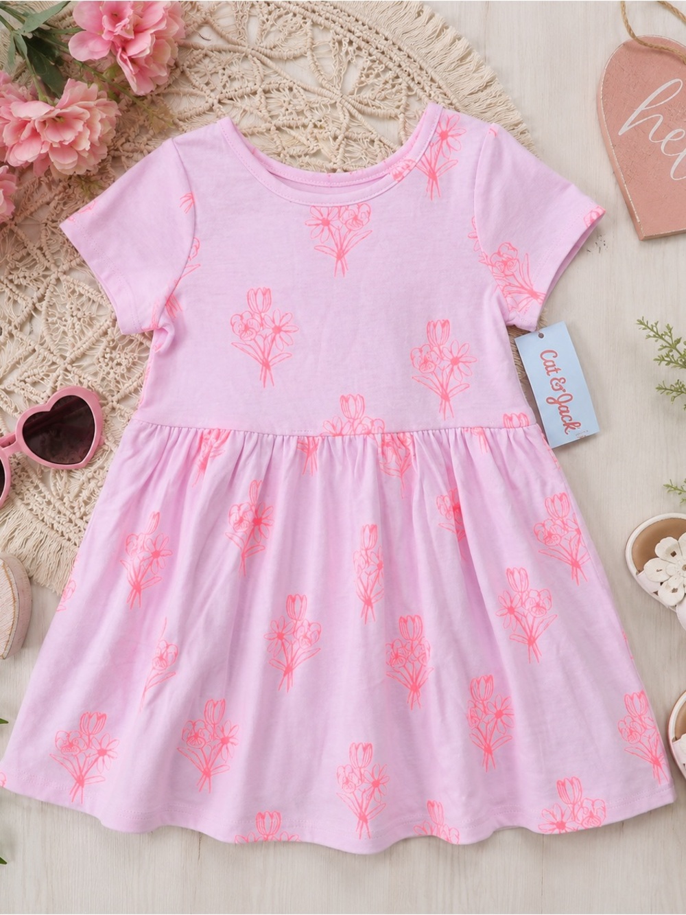 Cat & Jack Light Pink Flower Short Sleeve Dress NEW Size 3T